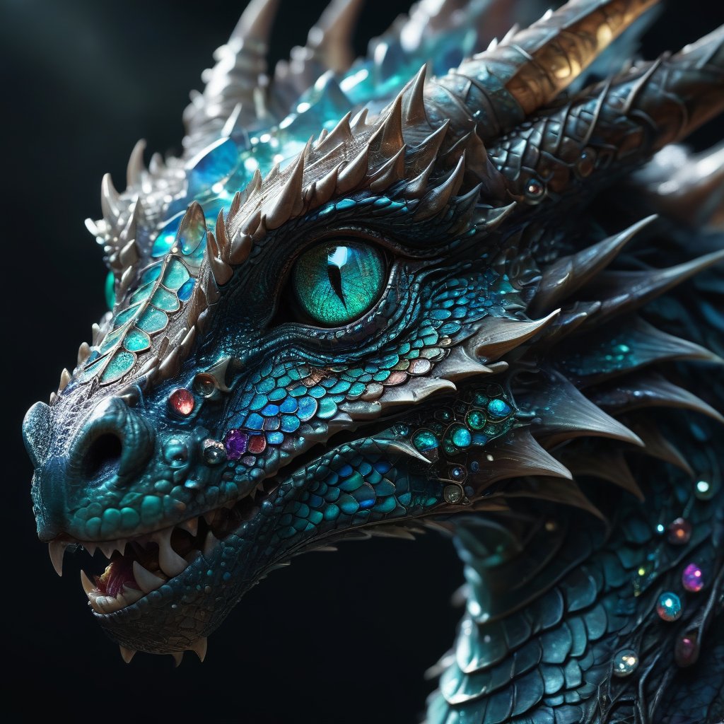 A beautiful portrait photograph of a dragon with diamond and gemstone scales, opal eyes, cinematic, gem, diamond, crystal, fantasy art, hyperdetailed photograph, shiny scales, 8k resolution,