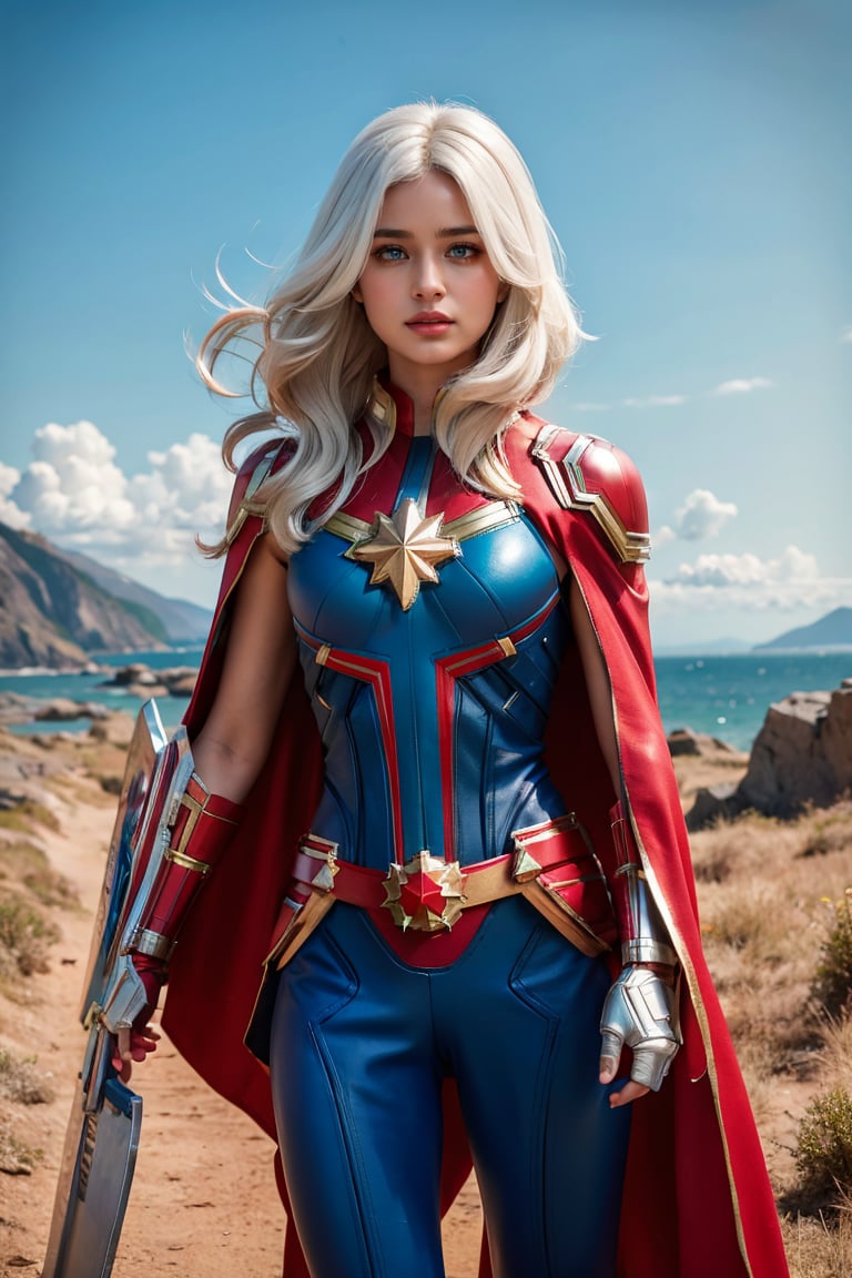 solo, long hair, 1girl, white hair, captain Marvel from marvel, sky, day, cloud, cape, armor, hammer, facial hair, helmet, shield, mountain, red cape