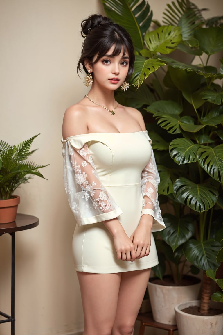 1girl, solo, breasts, looking at viewer, short hair, bangs, black hair, hair ornament, red eyes, long sleeves, dress, cleavage, bare shoulders, jewelry, medium breasts, closed mouth, standing, collarbone, full body, earrings, green hair, shoes, puffy sleeves, indoors, blunt bangs, necklace, off shoulder, hair bun, black footwear, red dress, bare legs, short dress, single hair bun, plant, puffy long sleeves, off-shoulder dress, tiles, potted plant