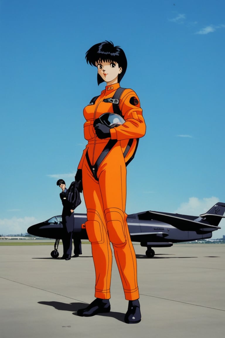 mitaka, black hair, short hair, orange_fligtsuit, airfield, retro_artstyle, 90s,90s,retro artstyle