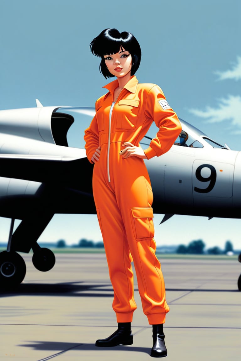 mitaka, black hair, short hair, orange_fligtsuit, airfield, retro_artstyle, 90s,90s,retro artstyle