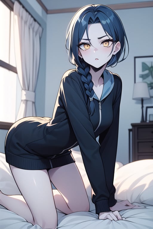  tall skinny pale white skin woman, dark blue hair single braid. sharp narrowed golden eyes. thick  eyebrowns, she is in a doggy style position in a bed,blue hair