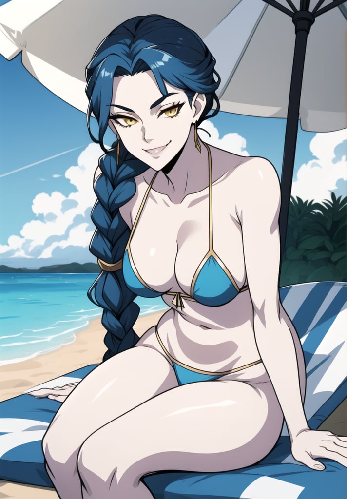 1girl, .very tall, Small breasts.  wide hips. pale white skin, woman, dark blue hair single braid. sharp narrowed golden eyes. thick eyebrowns. She is lying down, sunbathing under a umbrella.smirk. daikiri. blue bikini, beach background.