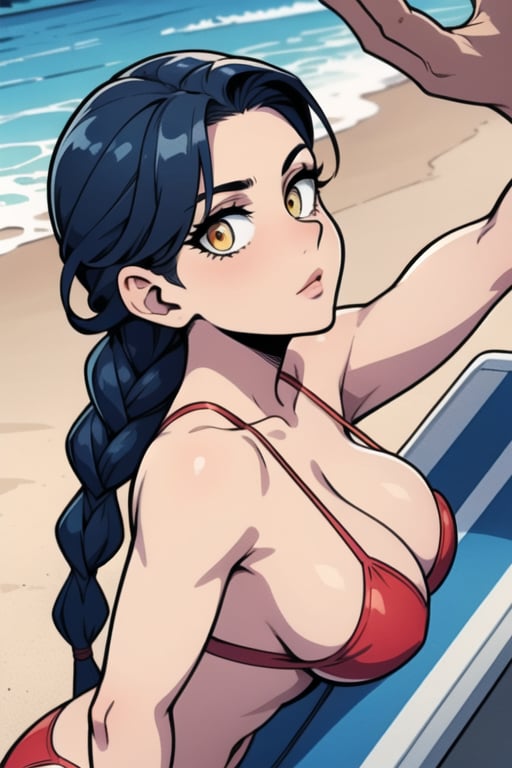 arielendezeichen got golden eyes. dark blue hair. hairstyle single braid, she is wearing a red bikini, she is a beach. point of view is from a side angle. 