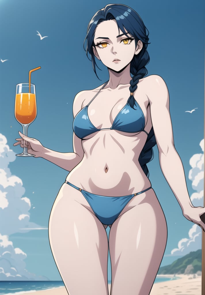 1girl, .very tall, Small breasts.  wide hips. pale white skin, woman, dark blue hair single braid. sharp narrowed golden eyes. thick eyebrowns. From a low point of view, looking downwards, she is leaning at you. She brings you a glass of orange juice. dark blue bikini, beach background.
