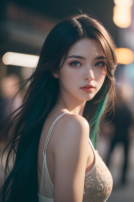 (extremely intricate:1.3), (realistic), photo of a girl in a bustling metropolis, weaving through crowded streets and dark alleyways, close up, Detailed clothes, green eyes, flowing hair, determined expression, shiny glossy skin, subsurface scattering, (sharp:0.7), amazing fine detail, Nikon D850 film stock photograph Kodak Portra 400 camera f1.6 lens, rich colors, lifelike texture, dramatic lighting, urban environment, skyscrapers, neon signs,  dynamic composition, unreal engine, trending on ArtStation, cinestill 800 tungsten, volumetrics dtx, (film grain, blurry background, blurry foreground, bokeh, depth of field, motion blur:1.3),<lora:GoodHands-beta2:1>