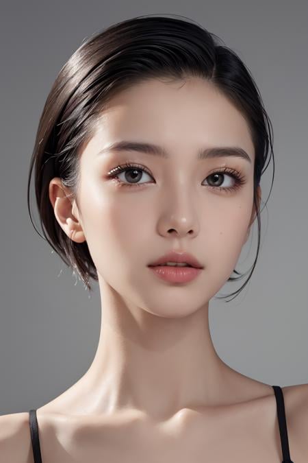 natural skin,(close-up:1.0) photo of as (young:1.0) woman, (oiled skin:1.0), (tilted angle shot:1.0), (slick undercut hair:1.2), (8k uhd:1.0), (best quality:1.0), (masterpiece:1.0), (sharp focus:1.0), (basic grey backdrop:1.0), <lora:GoodHands-beta2:1>