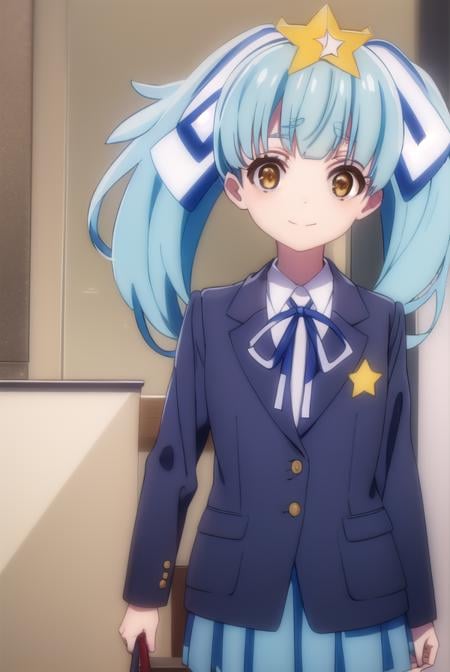 lilyhoshikawa, <lora:lily hoshikawa s2-lora-nochekaiser:1>,lily hoshikawa, hair ornament, ribbon, twintails, (brown eyes:1.5), blue hair, hair ribbon, star \(symbol\), aqua hair, star hair ornament, smile,BREAK skirt, school uniform, blazer, black blazer, shirt, white shirt, collared shirt, long sleeves, white skirt,BREAK outdoors,BREAK looking at viewer, (cowboy shot:1.5),BREAK <lyco:GoodHands-beta2:1>, (masterpiece:1.2), best quality, high resolution, unity 8k wallpaper, (illustration:0.8), (beautiful detailed eyes:1.6), extremely detailed face, perfect lighting, extremely detailed CG, (perfect hands, perfect anatomy),