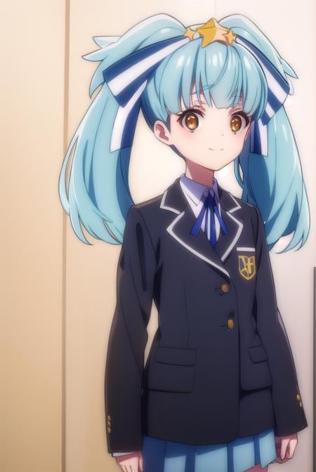 lilyhoshikawa, <lora:lily hoshikawa s2-lora-nochekaiser:1>,lily hoshikawa, hair ornament, ribbon, twintails, (brown eyes:1.5), blue hair, hair ribbon, star \(symbol\), aqua hair, star hair ornament, smile,BREAK skirt, school uniform, blazer, black blazer, shirt, white shirt, collared shirt, long sleeves, white skirt,BREAK outdoors,BREAK looking at viewer, (cowboy shot:1.5),BREAK <lyco:GoodHands-beta2:1>, (masterpiece:1.2), best quality, high resolution, unity 8k wallpaper, (illustration:0.8), (beautiful detailed eyes:1.6), extremely detailed face, perfect lighting, extremely detailed CG, (perfect hands, perfect anatomy),