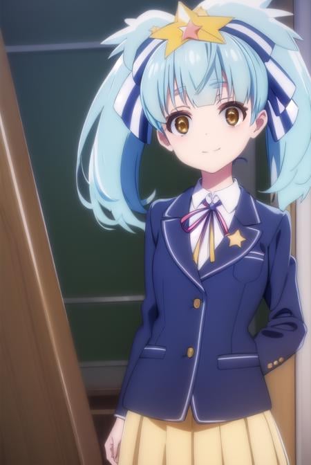 lilyhoshikawa, <lora:lily hoshikawa s2-lora-nochekaiser:1>,lily hoshikawa, hair ornament, ribbon, twintails, (brown eyes:1.5), blue hair, hair ribbon, star \(symbol\), aqua hair, star hair ornament, smile,BREAK skirt, school uniform, blazer, black blazer, shirt, white shirt, collared shirt, long sleeves, white skirt,BREAK outdoors,BREAK looking at viewer, (cowboy shot:1.5),BREAK <lyco:GoodHands-beta2:1>, (masterpiece:1.2), best quality, high resolution, unity 8k wallpaper, (illustration:0.8), (beautiful detailed eyes:1.6), extremely detailed face, perfect lighting, extremely detailed CG, (perfect hands, perfect anatomy),