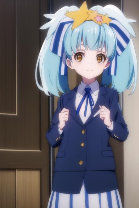 lilyhoshikawa, <lora:lily hoshikawa s2-lora-nochekaiser:1>,lily hoshikawa, hair ornament, ribbon, twintails, (brown eyes:1.5), blue hair, hair ribbon, star \(symbol\), aqua hair, star hair ornament, smile,BREAK skirt, school uniform, blazer, black blazer, shirt, white shirt, collared shirt, long sleeves, white skirt,BREAK outdoors,BREAK looking at viewer, (cowboy shot:1.5),BREAK <lyco:GoodHands-beta2:1>, (masterpiece:1.2), best quality, high resolution, unity 8k wallpaper, (illustration:0.8), (beautiful detailed eyes:1.6), extremely detailed face, perfect lighting, extremely detailed CG, (perfect hands, perfect anatomy),