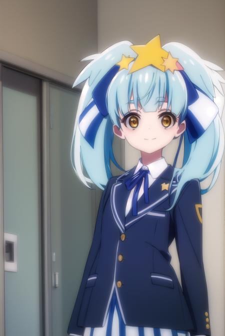 lilyhoshikawa, <lora:lily hoshikawa s2-lora-nochekaiser:1>,lily hoshikawa, hair ornament, ribbon, twintails, (brown eyes:1.5), blue hair, hair ribbon, star \(symbol\), aqua hair, star hair ornament, smile,BREAK skirt, school uniform, blazer, black blazer, shirt, white shirt, collared shirt, long sleeves, white skirt,BREAK outdoors,BREAK looking at viewer, (cowboy shot:1.5),BREAK <lyco:GoodHands-beta2:1>, (masterpiece:1.2), best quality, high resolution, unity 8k wallpaper, (illustration:0.8), (beautiful detailed eyes:1.6), extremely detailed face, perfect lighting, extremely detailed CG, (perfect hands, perfect anatomy),