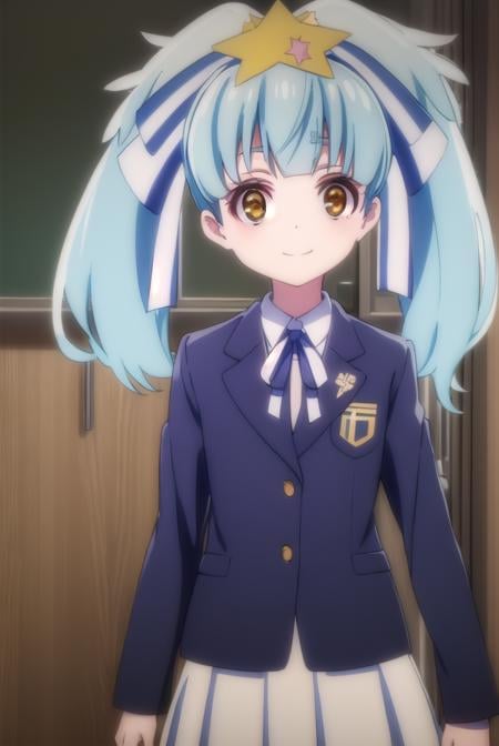 lilyhoshikawa, <lora:lily hoshikawa s2-lora-nochekaiser:1>,lily hoshikawa, hair ornament, ribbon, twintails, (brown eyes:1.5), blue hair, hair ribbon, star \(symbol\), aqua hair, star hair ornament, smile,BREAK skirt, school uniform, blazer, black blazer, shirt, white shirt, collared shirt, long sleeves, white skirt,BREAK outdoors,BREAK looking at viewer, (cowboy shot:1.5),BREAK <lyco:GoodHands-beta2:1>, (masterpiece:1.2), best quality, high resolution, unity 8k wallpaper, (illustration:0.8), (beautiful detailed eyes:1.6), extremely detailed face, perfect lighting, extremely detailed CG, (perfect hands, perfect anatomy),