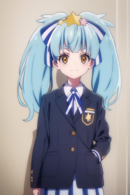 lilyhoshikawa, <lora:lily hoshikawa s2-lora-nochekaiser:1>,lily hoshikawa, hair ornament, ribbon, twintails, (brown eyes:1.5), blue hair, hair ribbon, star \(symbol\), aqua hair, star hair ornament, smile,BREAK skirt, school uniform, blazer, black blazer, shirt, white shirt, collared shirt, long sleeves, white skirt,BREAK outdoors,BREAK looking at viewer, (cowboy shot:1.5),BREAK <lyco:GoodHands-beta2:1>, (masterpiece:1.2), best quality, high resolution, unity 8k wallpaper, (illustration:0.8), (beautiful detailed eyes:1.6), extremely detailed face, perfect lighting, extremely detailed CG, (perfect hands, perfect anatomy),