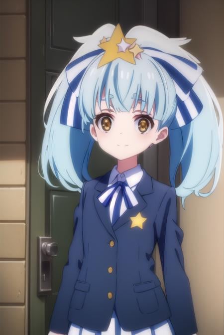 lilyhoshikawa, <lora:lily hoshikawa s2-lora-nochekaiser:1>,lily hoshikawa, hair ornament, ribbon, twintails, (brown eyes:1.5), blue hair, hair ribbon, star \(symbol\), aqua hair, star hair ornament, smile,BREAK skirt, school uniform, blazer, black blazer, shirt, white shirt, collared shirt, long sleeves, white skirt,BREAK outdoors,BREAK looking at viewer, (cowboy shot:1.5),BREAK <lyco:GoodHands-beta2:1>, (masterpiece:1.2), best quality, high resolution, unity 8k wallpaper, (illustration:0.8), (beautiful detailed eyes:1.6), extremely detailed face, perfect lighting, extremely detailed CG, (perfect hands, perfect anatomy),