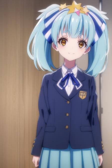 lilyhoshikawa, <lora:lily hoshikawa s2-lora-nochekaiser:1>,lily hoshikawa, hair ornament, ribbon, twintails, (brown eyes:1.5), blue hair, hair ribbon, star \(symbol\), aqua hair, star hair ornament, smile,BREAK skirt, school uniform, blazer, black blazer, shirt, white shirt, collared shirt, long sleeves, white skirt,BREAK outdoors,BREAK looking at viewer, (cowboy shot:1.5),BREAK <lyco:GoodHands-beta2:1>, (masterpiece:1.2), best quality, high resolution, unity 8k wallpaper, (illustration:0.8), (beautiful detailed eyes:1.6), extremely detailed face, perfect lighting, extremely detailed CG, (perfect hands, perfect anatomy),