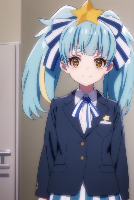 lilyhoshikawa, <lora:lily hoshikawa s2-lora-nochekaiser:1>,lily hoshikawa, hair ornament, ribbon, twintails, (brown eyes:1.5), blue hair, hair ribbon, star \(symbol\), aqua hair, star hair ornament, smile,BREAK skirt, school uniform, blazer, black blazer, shirt, white shirt, collared shirt, long sleeves, white skirt,BREAK outdoors,BREAK looking at viewer, (cowboy shot:1.5),BREAK <lyco:GoodHands-beta2:1>, (masterpiece:1.2), best quality, high resolution, unity 8k wallpaper, (illustration:0.8), (beautiful detailed eyes:1.6), extremely detailed face, perfect lighting, extremely detailed CG, (perfect hands, perfect anatomy),