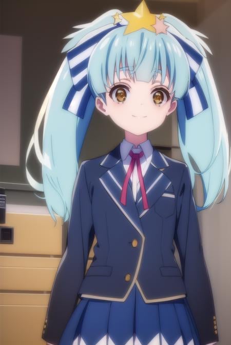 lilyhoshikawa, <lora:lily hoshikawa s2-lora-nochekaiser:1>,lily hoshikawa, hair ornament, ribbon, twintails, (brown eyes:1.5), blue hair, hair ribbon, star \(symbol\), aqua hair, star hair ornament, smile,BREAK skirt, school uniform, blazer, black blazer, shirt, white shirt, collared shirt, long sleeves, white skirt,BREAK outdoors,BREAK looking at viewer, (cowboy shot:1.5),BREAK <lyco:GoodHands-beta2:1>, (masterpiece:1.2), best quality, high resolution, unity 8k wallpaper, (illustration:0.8), (beautiful detailed eyes:1.6), extremely detailed face, perfect lighting, extremely detailed CG, (perfect hands, perfect anatomy),