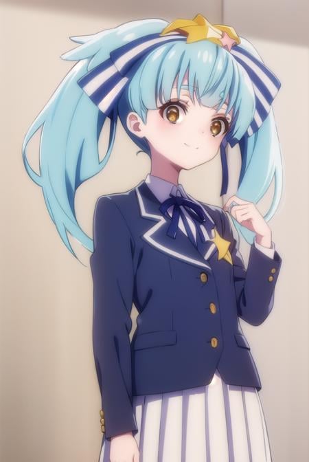 lilyhoshikawa, <lora:lily hoshikawa s2-lora-nochekaiser:1>,lily hoshikawa, hair ornament, ribbon, twintails, (brown eyes:1.5), blue hair, hair ribbon, star \(symbol\), aqua hair, star hair ornament, smile,BREAK skirt, school uniform, blazer, black blazer, shirt, white shirt, collared shirt, long sleeves, white skirt,BREAK outdoors,BREAK looking at viewer, (cowboy shot:1.5),BREAK <lyco:GoodHands-beta2:1>, (masterpiece:1.2), best quality, high resolution, unity 8k wallpaper, (illustration:0.8), (beautiful detailed eyes:1.6), extremely detailed face, perfect lighting, extremely detailed CG, (perfect hands, perfect anatomy),