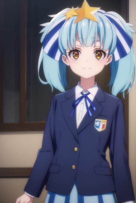 lilyhoshikawa, <lora:lily hoshikawa s2-lora-nochekaiser:1>,lily hoshikawa, hair ornament, ribbon, twintails, (brown eyes:1.5), blue hair, hair ribbon, star \(symbol\), aqua hair, star hair ornament, smile,BREAK skirt, school uniform, blazer, black blazer, shirt, white shirt, collared shirt, long sleeves, white skirt,BREAK outdoors,BREAK looking at viewer, (cowboy shot:1.5),BREAK <lyco:GoodHands-beta2:1>, (masterpiece:1.2), best quality, high resolution, unity 8k wallpaper, (illustration:0.8), (beautiful detailed eyes:1.6), extremely detailed face, perfect lighting, extremely detailed CG, (perfect hands, perfect anatomy),