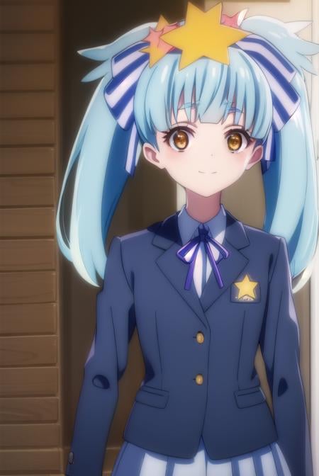 lilyhoshikawa, <lora:lily hoshikawa s2-lora-nochekaiser:1>,lily hoshikawa, hair ornament, ribbon, twintails, (brown eyes:1.5), blue hair, hair ribbon, star \(symbol\), aqua hair, star hair ornament, smile,BREAK skirt, school uniform, blazer, black blazer, shirt, white shirt, collared shirt, long sleeves, white skirt,BREAK outdoors,BREAK looking at viewer, (cowboy shot:1.5),BREAK <lyco:GoodHands-beta2:1>, (masterpiece:1.2), best quality, high resolution, unity 8k wallpaper, (illustration:0.8), (beautiful detailed eyes:1.6), extremely detailed face, perfect lighting, extremely detailed CG, (perfect hands, perfect anatomy),