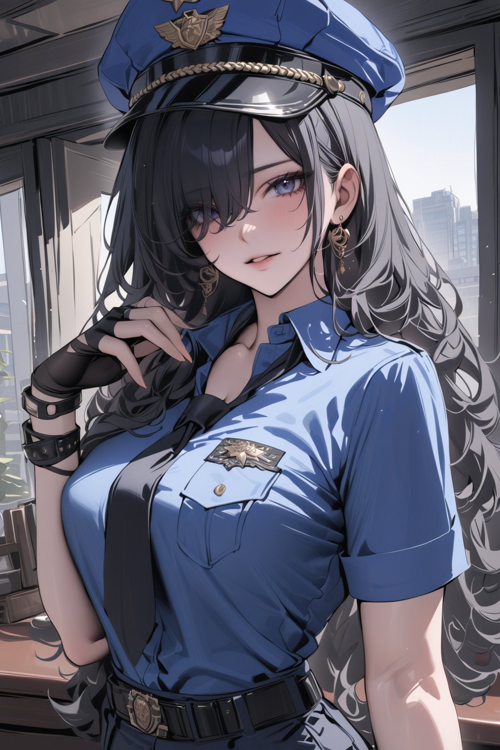 ((masterpiece, best quality, newest)),  1girl, solo, long hair, looking at viewer, bangs, shirt, black hair, jewelry, upper body, short sleeves, earrings, parted lips, black gloves, collared shirt, belt, indoors, fingerless gloves, hair over one eye, bracelet, grey eyes, wavy hair, blue shirt, black necktie, black belt, police uniform, police hat, niji5