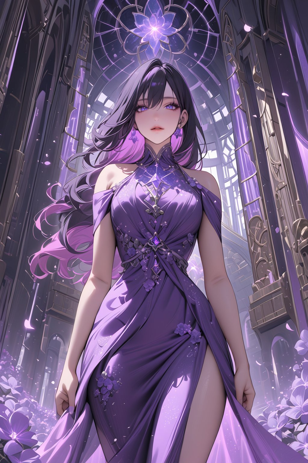 ((masterpiece, best quality, newest)), 1girl, solo, long hair, looking at viewer, bangs, black hair, hair between eyes, purple eyes, pink hair, purple hair, multicolored hair, pink eyes, mole, lips, eyelashes, mole under eye, portrait, ((purple crystal floors)). ((depth of field:1.2)), ((purple crystal indoors:1.3)), fantasy, scenary, purple light orbs, ((purple luminescent flowers:1.4)), petals, purple dress, 30 years old, ((cowboy shot:1.5)), ((godly perspective, dynamic angle:1.34)),niji5