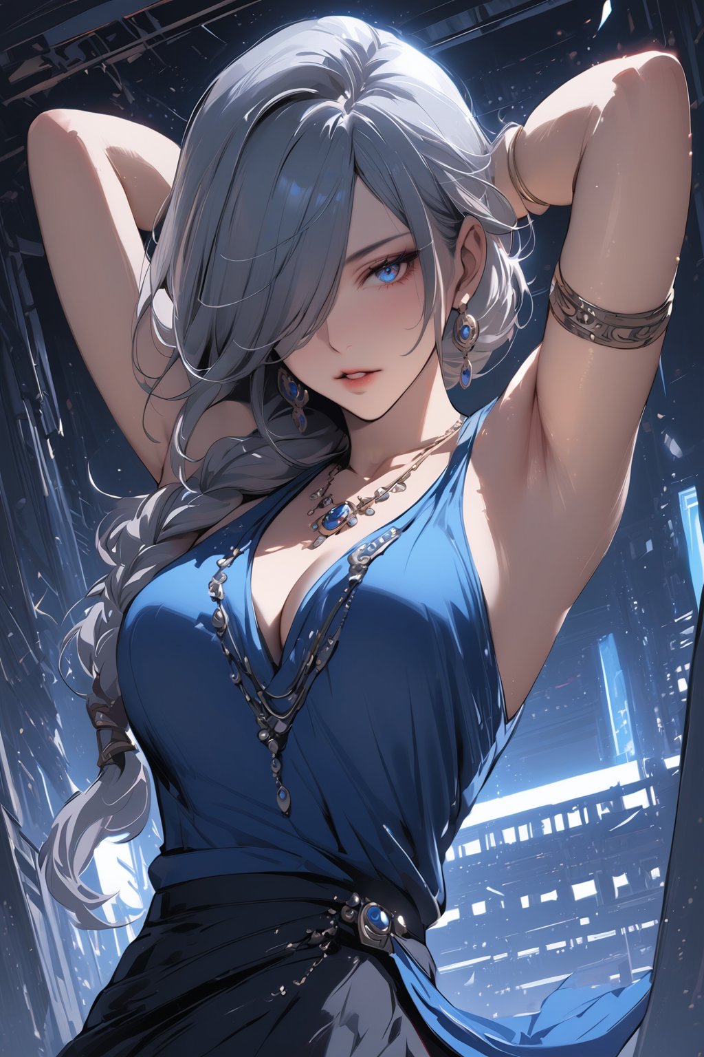 (masterpiece, best quality:1.3), (detailed manga illustration:1.2), dynamic cinematic view, chiaroscuro, 1girl, solo, long hair, looking at viewer, blue eyes, cleavage, jewelry, medium breasts, upper body, grey hair, earrings, parted lips, black skirt, armpits, necklace, hair over one eye, arms up, sleeveless shirt, blue shirt, arms behind head, armlet, single braided ponytail,niji5