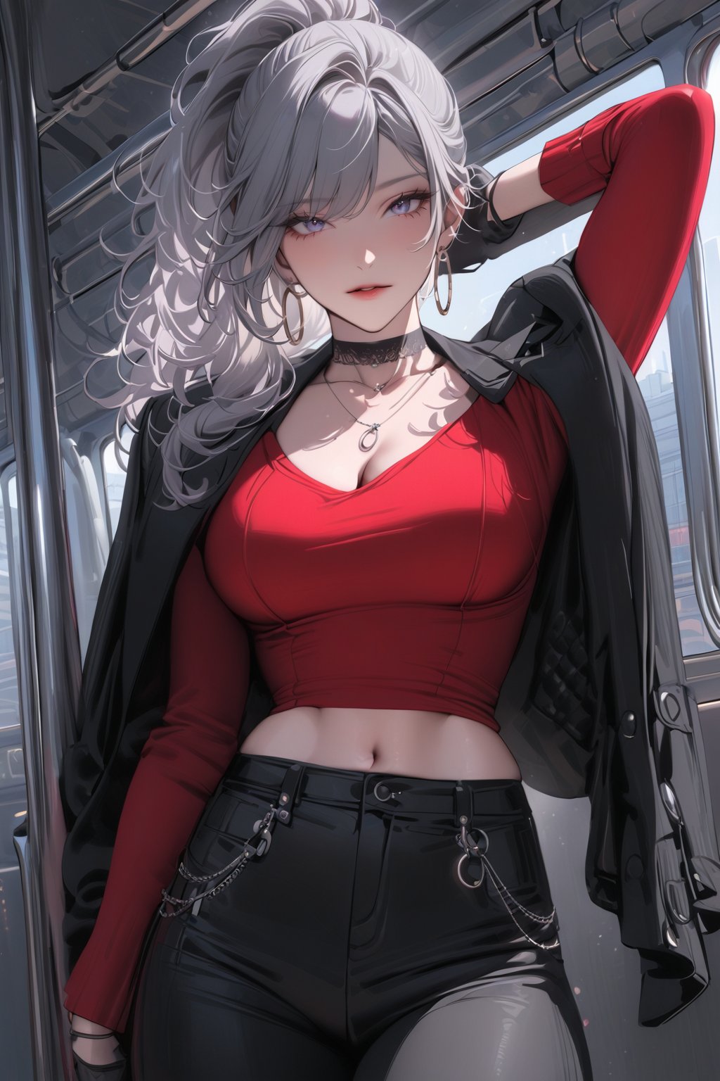 ((masterpiece, best quality, newest)),  1girl, solo, long hair, breasts, looking at viewer, shirt, gloves, long sleeves, navel, cleavage, jewelry, medium breasts, standing, jacket, ponytail, grey hair, cowboy shot, earrings, parted lips, open clothes, choker, midriff, pants, indoors, necklace, arm up, open jacket, lips, black jacket, crop top, grey eyes, black choker, black pants, red shirt, hoop earrings, jacket on shoulders, red lips, train interior, niji5