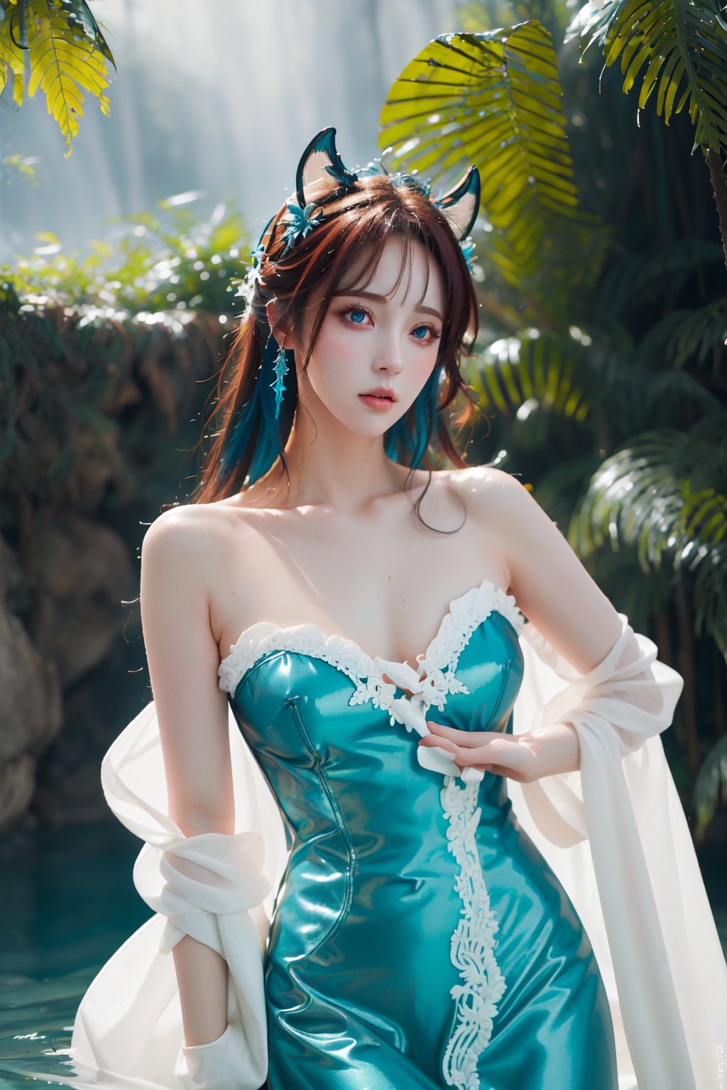 1girl, Albafantasy, hermosa, cabello azul agua, sin cuernos, con cuernos, ,Albafantasy,cabello azul,con cuernos,hermosa,cabello azul agua,sin cuernos,joyería,vestido azul agua,lugar fantastico,arte fantastico,Ji-woofantasy