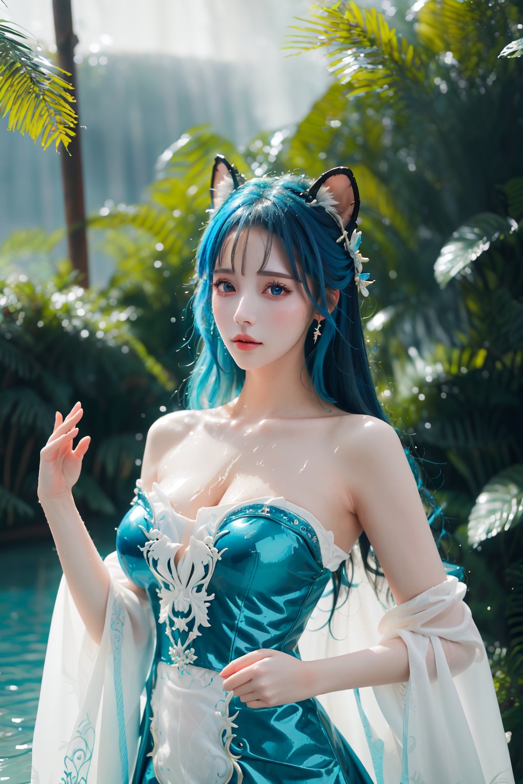 1girl, Albafantasy, hermosa, cabello azul agua, sin cuernos, con cuernos, ,Albafantasy,cabello azul,con cuernos,hermosa,cabello azul agua,sin cuernos,joyería,vestido azul agua,lugar fantastico,arte fantastico,Ji-woofantasy