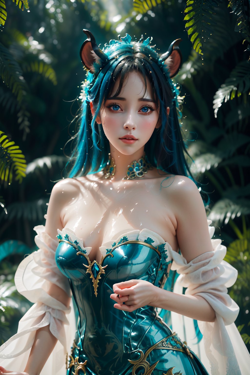 1girl, Albafantasy, hermosa, cabello azul agua, sin cuernos, con cuernos, ,Albafantasy,cabello azul,con cuernos,hermosa,cabello azul agua,sin cuernos,joyería,vestido azul agua,lugar fantastico,arte fantastico,Ji-woofantasy