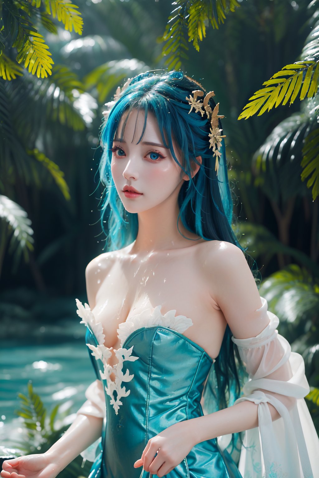 1girl, Albafantasy, hermosa, cabello azul agua, sin cuernos, con cuernos, ,Albafantasy,cabello azul,con cuernos,hermosa,cabello azul agua,sin cuernos,joyería,vestido azul agua,lugar fantastico,arte fantastico,Ji-woofantasy