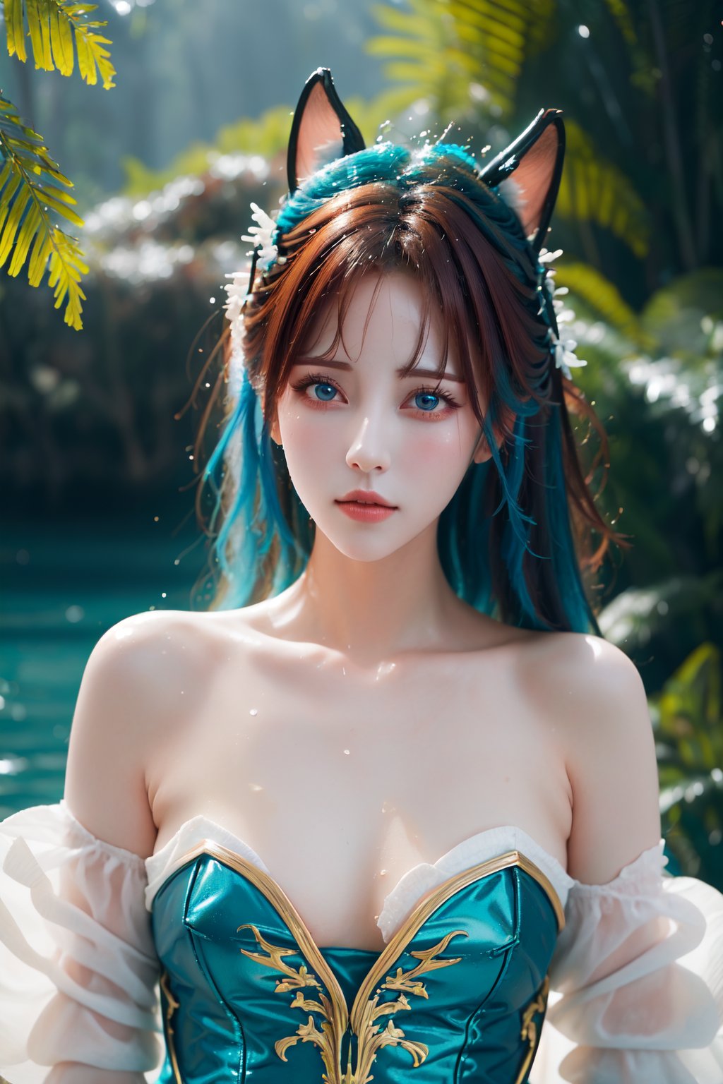 1girl, Albafantasy, hermosa, cabello azul agua, sin cuernos, con cuernos, ,Albafantasy,cabello azul,con cuernos,hermosa,cabello azul agua,sin cuernos,joyería,vestido azul agua,lugar fantastico,arte fantastico,Ji-woofantasy