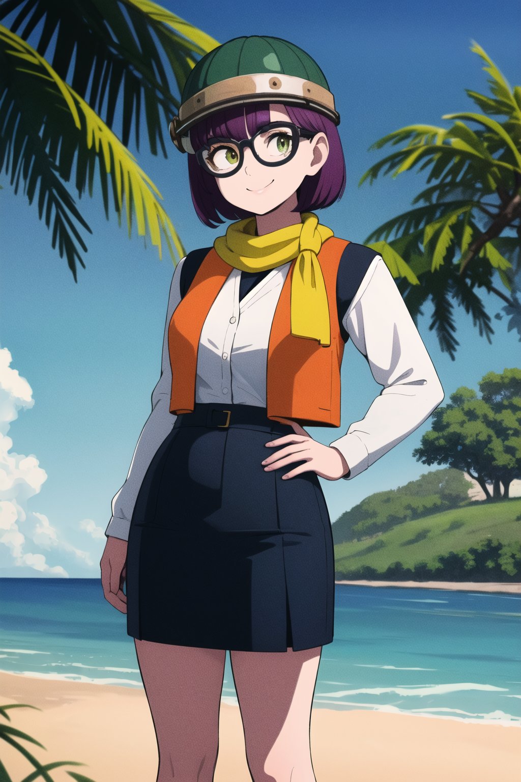 (masterpiece:1.2), (best quality), (ultra detailed), (8k,4k), (highly detailed:1.4), (perfect lightingbest quality), (blue sky, beach, tree, grass), solo, lucca, 1girl, solo, purple hair, short hair, helmet, glasses, standing, yellow scarf, vest, smile,Lucca_CT