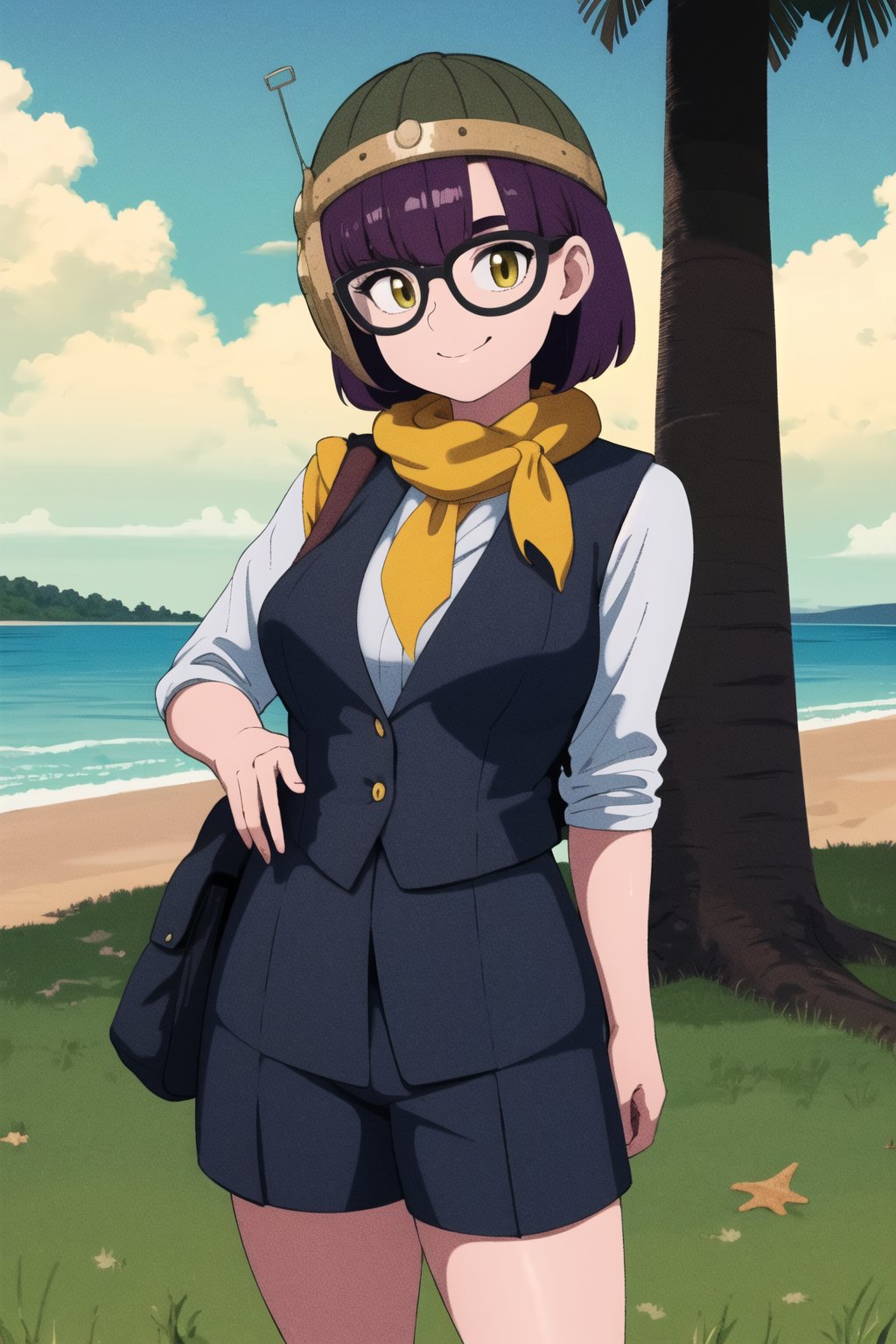 (masterpiece:1.2), (best quality), (ultra detailed), (8k,4k), (highly detailed:1.4), (perfect lightingbest quality), (blue sky, beach, tree, grass), solo, lucca, 1girl, solo, purple hair, short hair, helmet, glasses, standing, yellow scarf, vest, smile,Lucca_CT