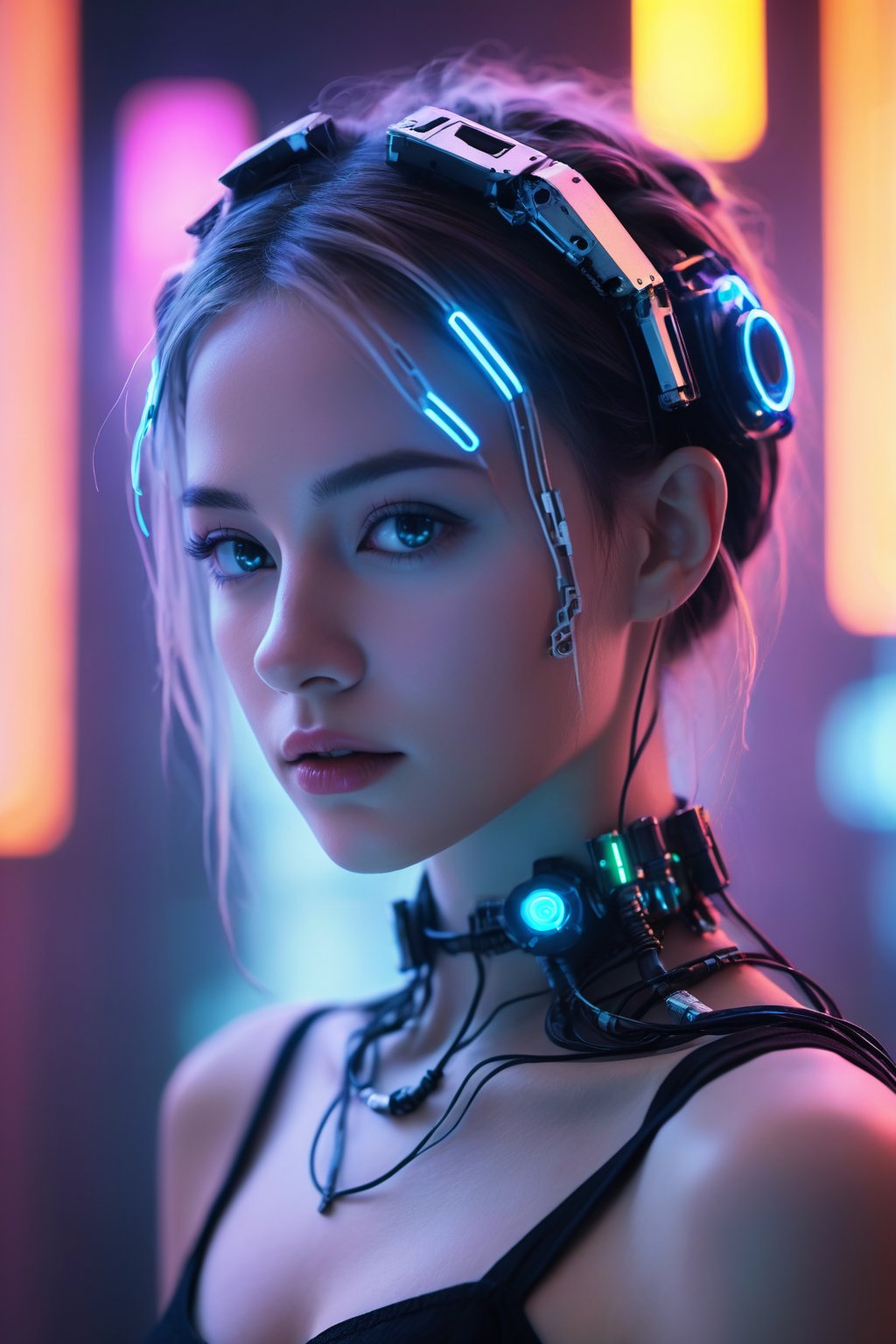 Close-up, cinematic portrait of a cyberpunk girl whose upper body is framed against the backdrop of a neon-lit, nocturnal cityscape. Half of her face is human, exuding a sense of resilience and humanity, while the other half is a complex, intricately designed cybernetic machine, showcasing advanced technology seamlessly integrated with organic life. Her expression is contemplative, capturing the duality of her existence in a world where man and machine converge. The cybernetic parts gleam with a metallic sheen, illuminated by the surrounding neon lights which reflect in the intricate patterns of her machinery. The color palette is a fusion of warm human tones against the cold, industrial hues of her mechanical side, set against the contrasting cyberpunk environment. The photo is taken with a Sony α7R IV to achieve a depth of field that sharply details the textures of her cybernetic implants while gently blurring the vibrant city life in the background, emphasizing the juxtaposition between character and setting, with a touch of dystopian elegance