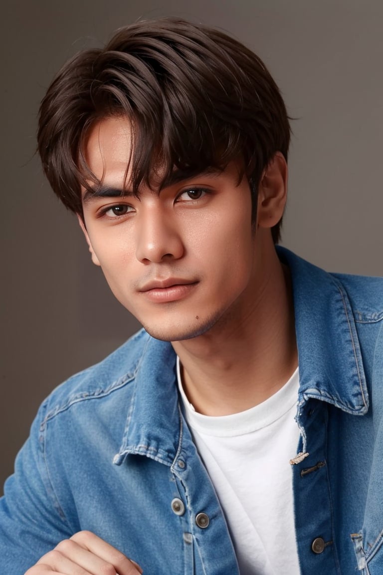  Photo upper body, skin clear, 8k, high_resolution, Masterpiece, background simple, looking at viewer,Photorealistic,blue jacket , 1 boy,Youngman, youngest face, ,Thai Idol