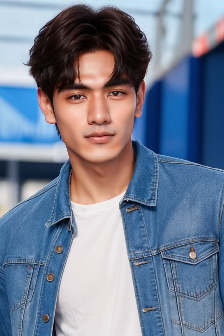  Photo upper body, skin clear, 8k, high_resolution, Masterpiece, background simple, looking at viewer,Photorealistic,blue jacket, young man Thai Idol,