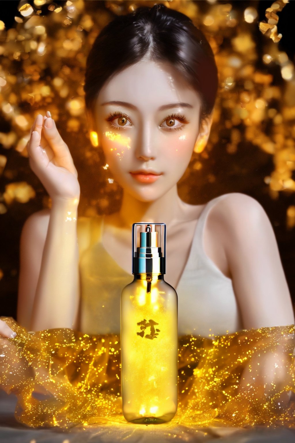 Beautiful glass, beautiful women inside the glass bottle, gold light, glow, skincare, glass bottle, clear glass bottle,women,skincare