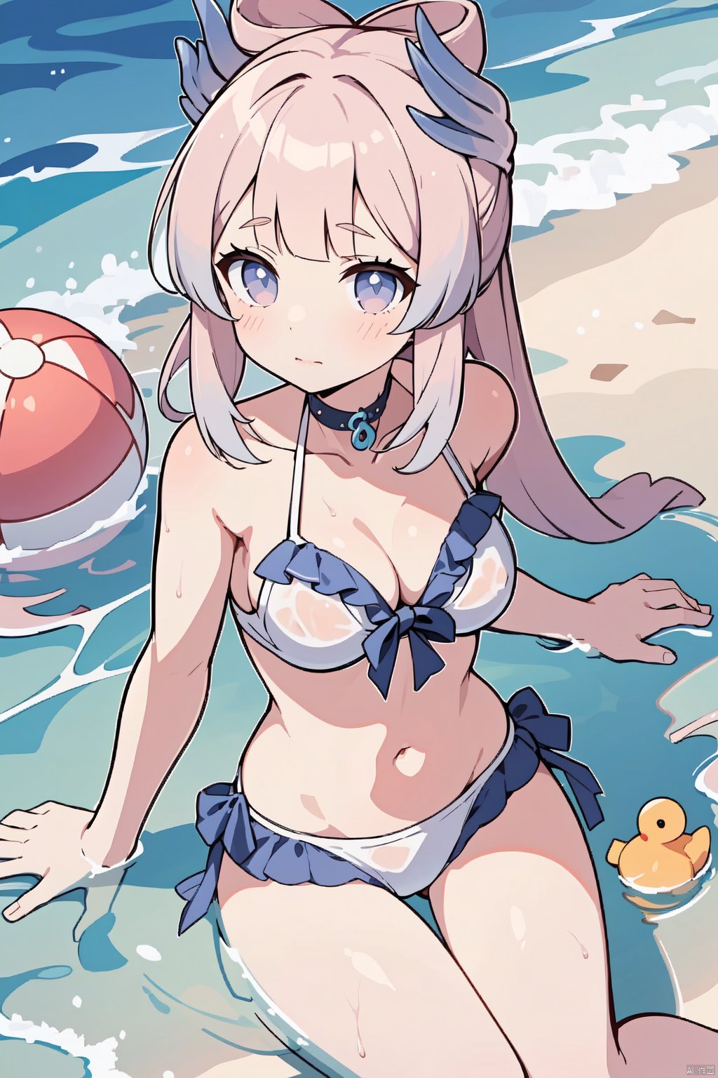 1girl, swimsuit, solo, bikini, sangonomiya kokomi, frills, navel, looking at viewer, frilled bikini, white bikini, rubber duck, ball, choker, sitting, water, wet, stomach, closed mouth, hand up, outdoors, frilled choker, beachball,beach,sea