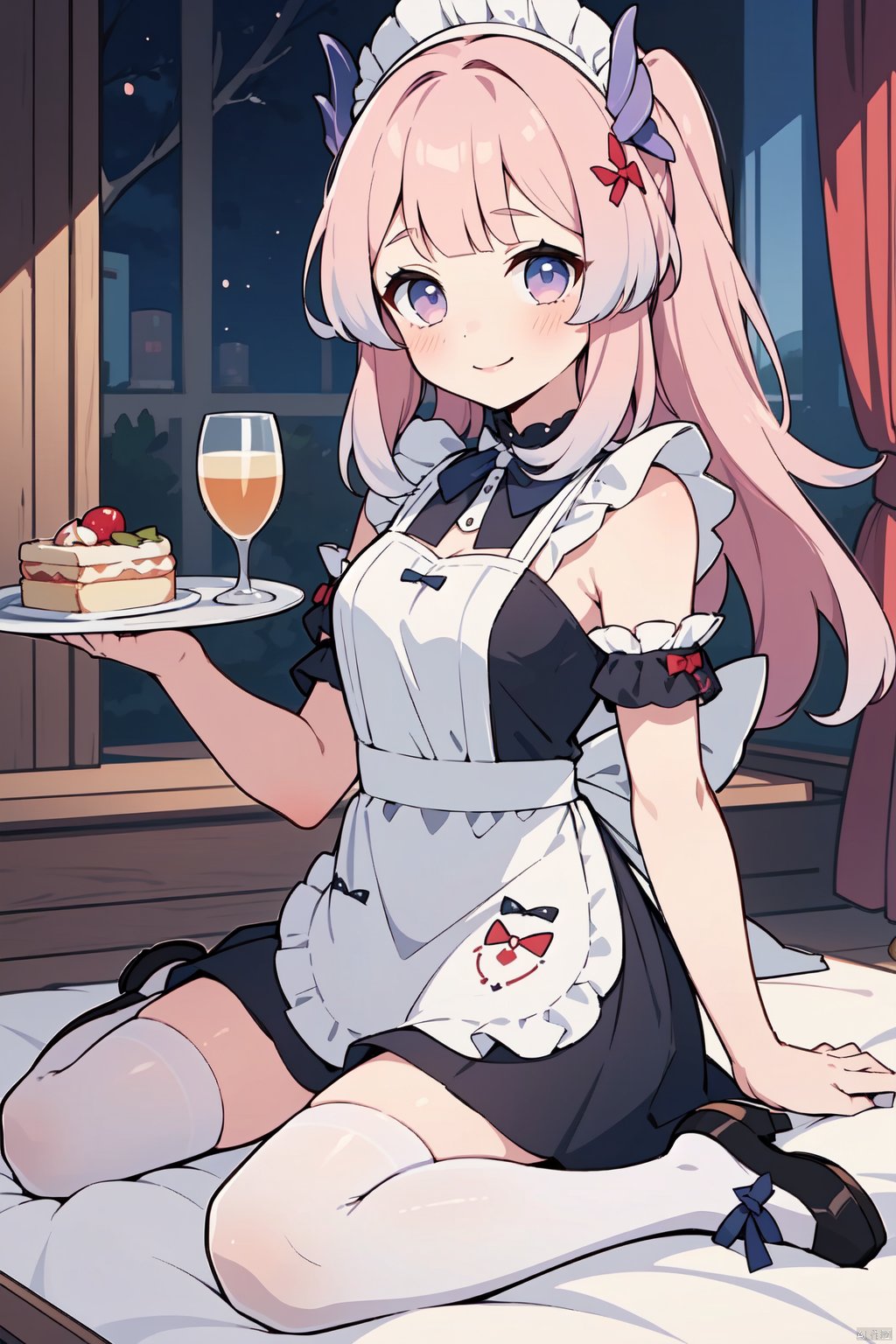 1girl, sangonomiya kokomi, solo, apron, thighhighs, maid headdress, holding, maid, enmaided, smile, looking at viewer, maid apron, white thighhighs, tray, sitting, white apron, short sleeves, black footwear, dress, bow, frills, colored tips, wariza, blush,black shoes,plates,