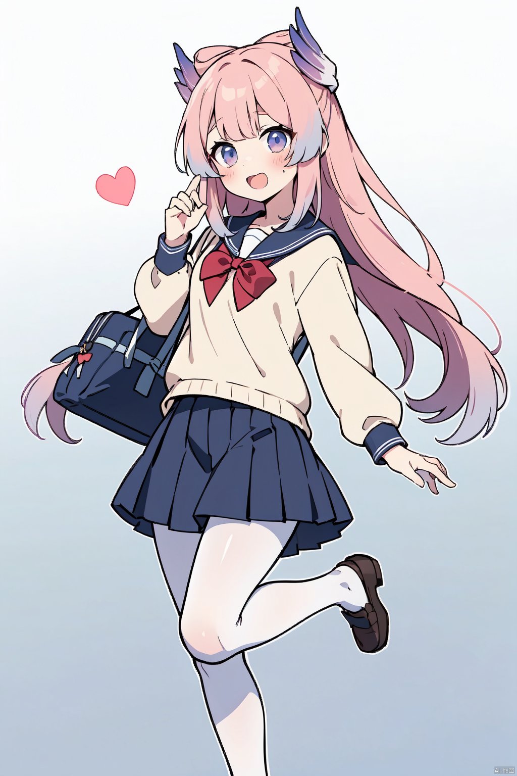 solo, 1girl, sangonomiya kokomi, white pantyhose, bow, pantyhose, pink bow, standing, black footwear, full body, bag, skirt, grey school uniform, sailor collar, pleated skirt, long sleeves, open mouth, blush, looking at viewer,loafer shoes, school bag, standing on one leg,gradient background,hair ornament