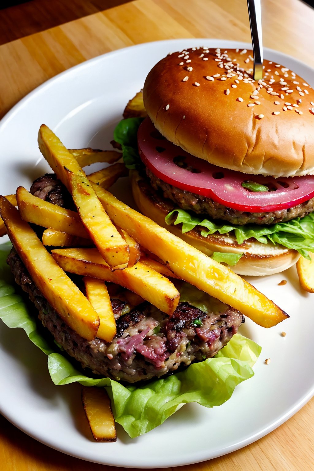 raw, photorealistic, real,  , juicy burger on plate and fries on side,
phenomenal image, too good, ,this is quality, sharp, perfect, beautiful, , ultrarealistic, soft lighting, 8k,  