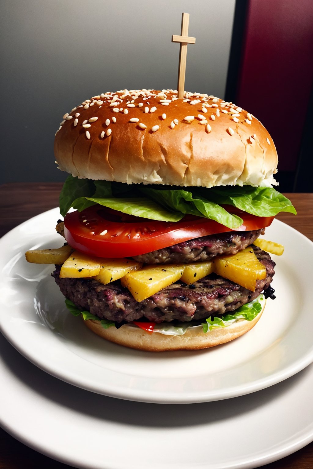 raw, photorealistic, real,  , juicy burger on plate and fries on side,
phenomenal image, too good, ,this is quality, sharp, perfect, beautiful, , ultrarealistic, soft lighting, 8k,  