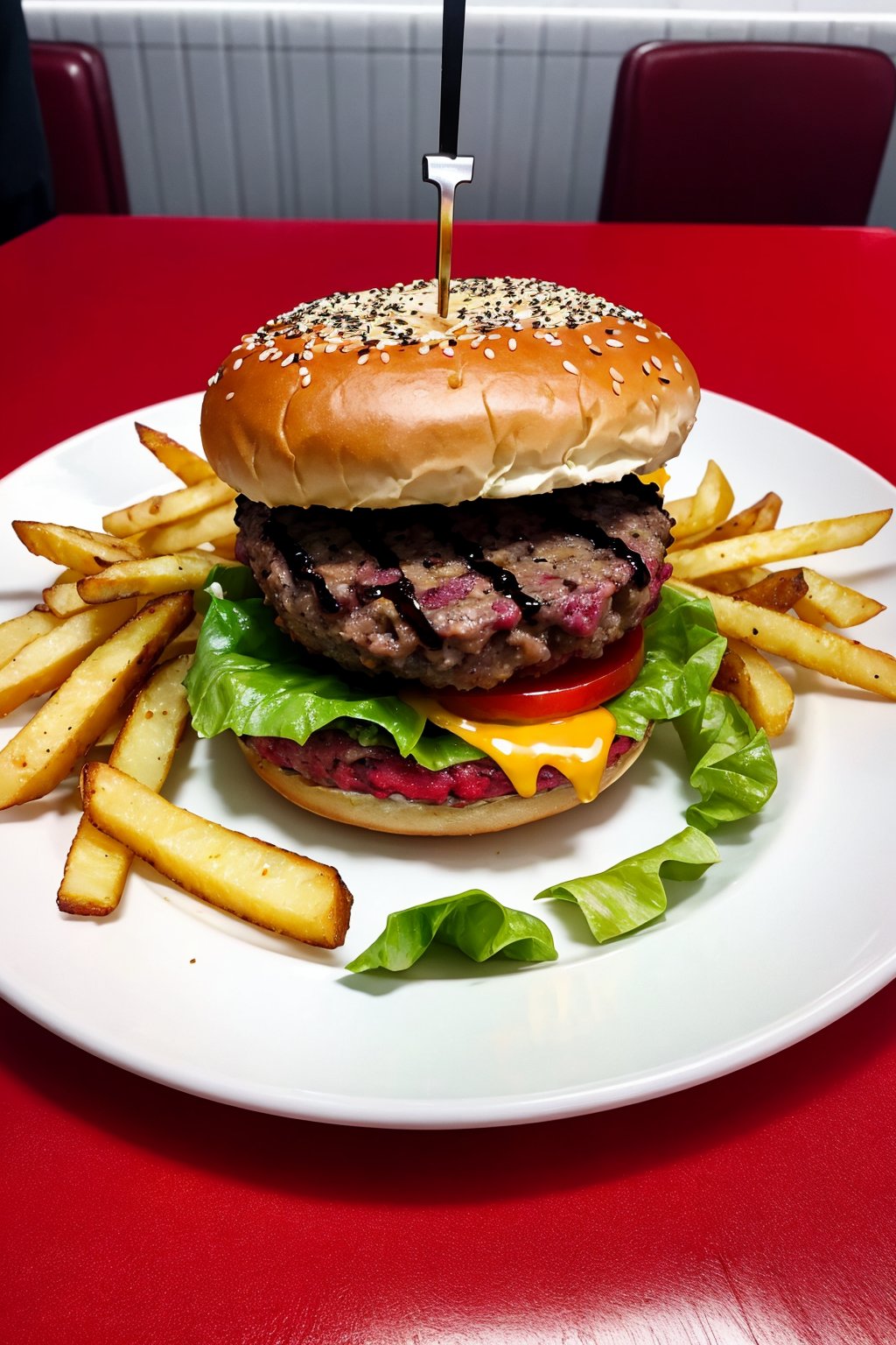 raw, photorealistic, real,  , juicy burger on plate and fries on side,
phenomenal image, too good, ,this is quality, sharp, perfect, beautiful, , ultrarealistic, soft lighting, 8k,  