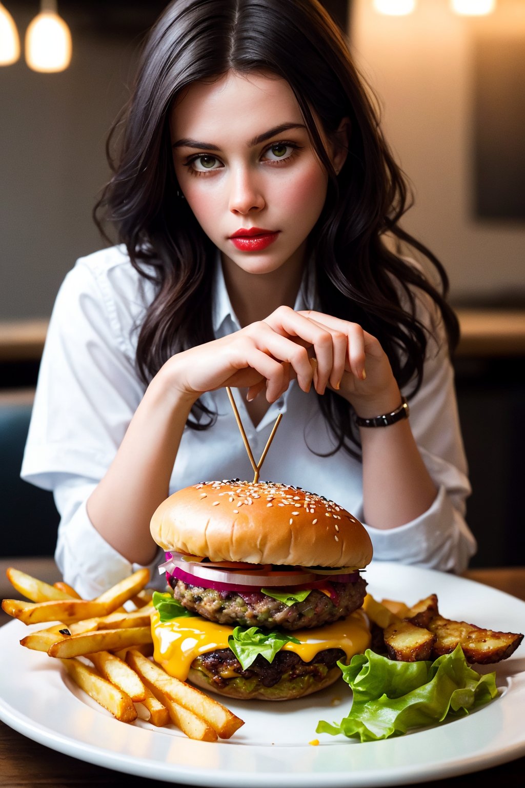 raw, photorealistic, real,  , juicy burger on plate and fries on side,
phenomenal image, too good, ,this is quality, sharp, perfect, beautiful, , ultrarealistic, soft lighting, 8k,  