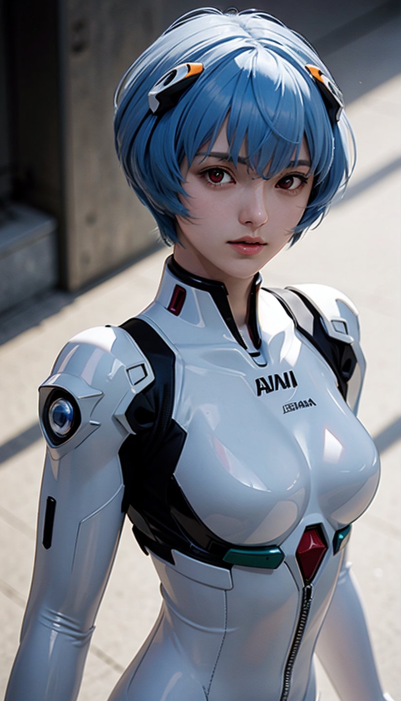 (best quality, masterpiece:1.2),ultra detailed,(photo realistic:1.4),(upper body:1.5),red eyes,plug suit,ayanami_rei,,halation_background