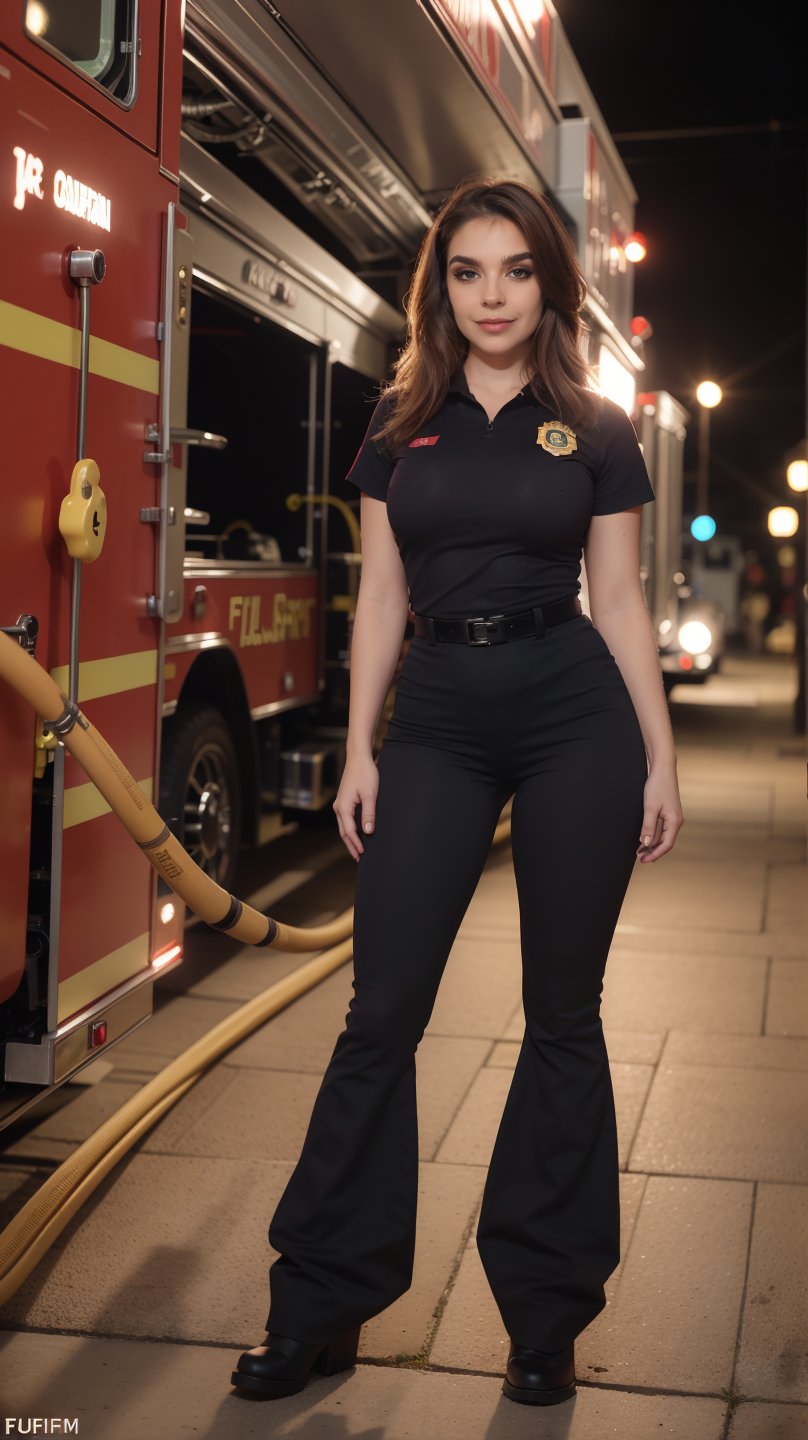 RAW Photo, a woman standing, (realistic sexy allure), beautiful, cute woman, nice hair, perfect eyes, (firefighter uniform, boots, full_body), Intricately-detailed, realistic body proportions, realistic perfect face features. nice set, ambient soft lighting, (perfect accurate eye), accurate perfect face, perfect lighting. (Flares, RGB shift filter, Fujifilm), gradient color palette, shadow play, (firefighter station) Detailed face,