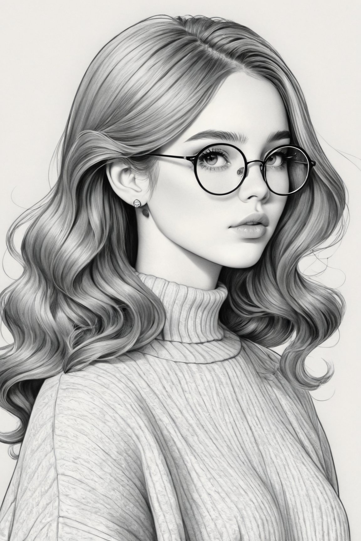 Manga style illustration, line art, pencil art, 1girl,solo,long hair,looking at viewer,simple background,white background,jewelry,monochrome,upper body,greyscale,earrings,glasses,from side,sweater,lips,turtleneck,wavy hair,turtleneck sweater